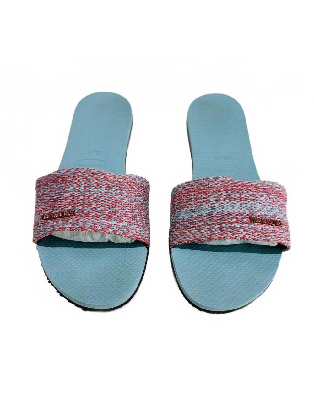 Havaianas Light Blue and Reddish/Pink Slide Sandals Size 9/10